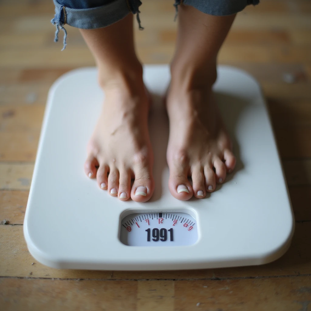 adult woman, photorealistic, close-up of scale with changing numbers (motion blur effect), woman's feet on it, light background, concept of fluctuating weight emoji