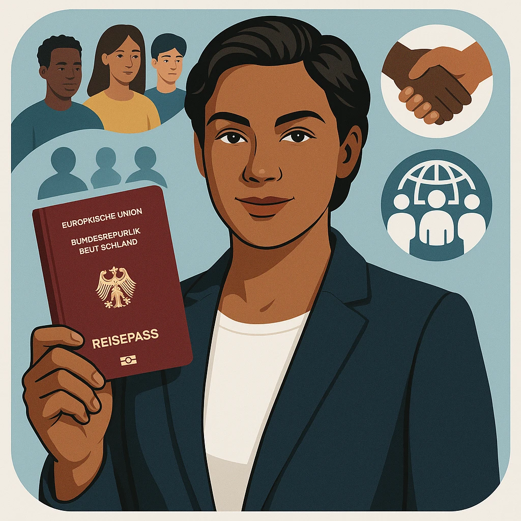realistic style portrait of a confident person with a German passport and integration motifs, modern and official, app icon emoji