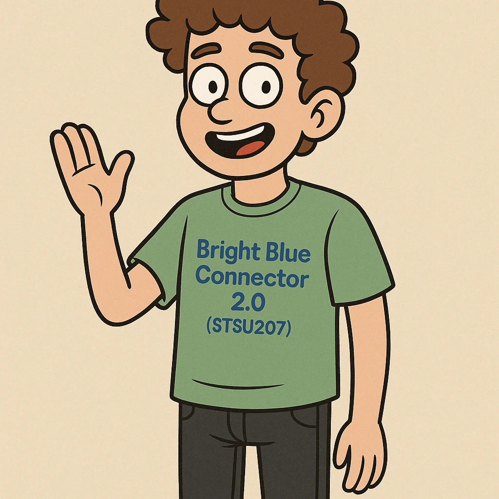 A boy brown curly hair green t-shirt Bright Blue Connector 2.0 (STSU207) black jeans emoji