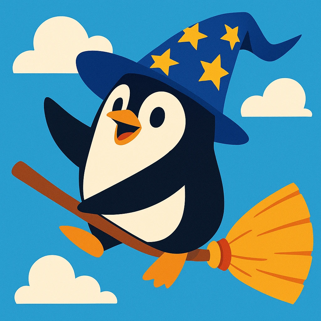 playful penguin wizard flying on a broomstick, with a wizard hat flapping in the wind, cartoon style emoji