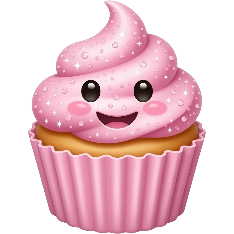 Um cupcake rosa com muito brilho, feliz e sorridente, com um rosto... emoji