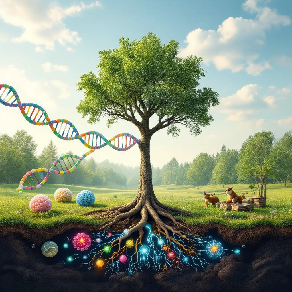 A realistic biological landscape showing: DNA strands transitioning into a tree, cells with visible organelles, neurons connected to plant roots  and a balanced ecosystem background . Seamless integration, no labels or borders. Scientific color scheme, detailed but minimalist. emoji