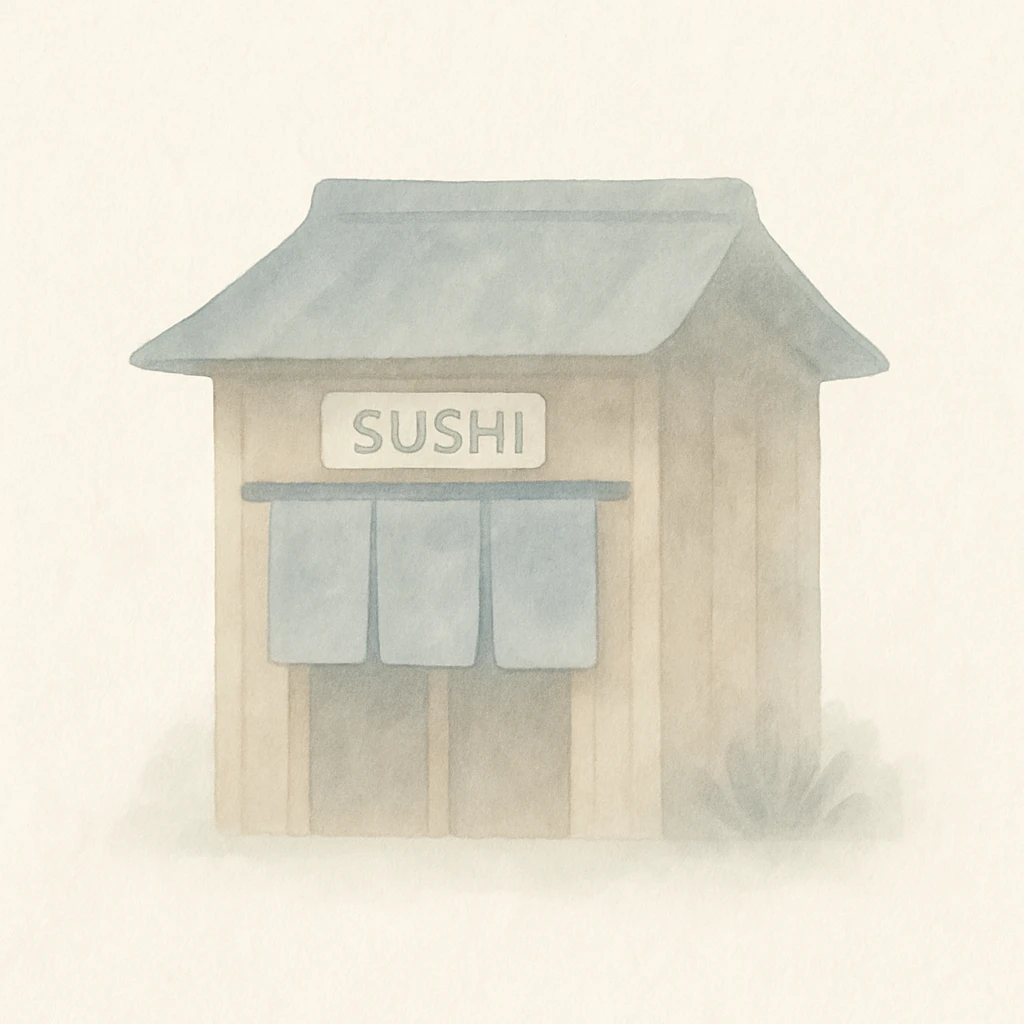 sushi house, small wooden building, noren curtain, soft watercolor style emoji