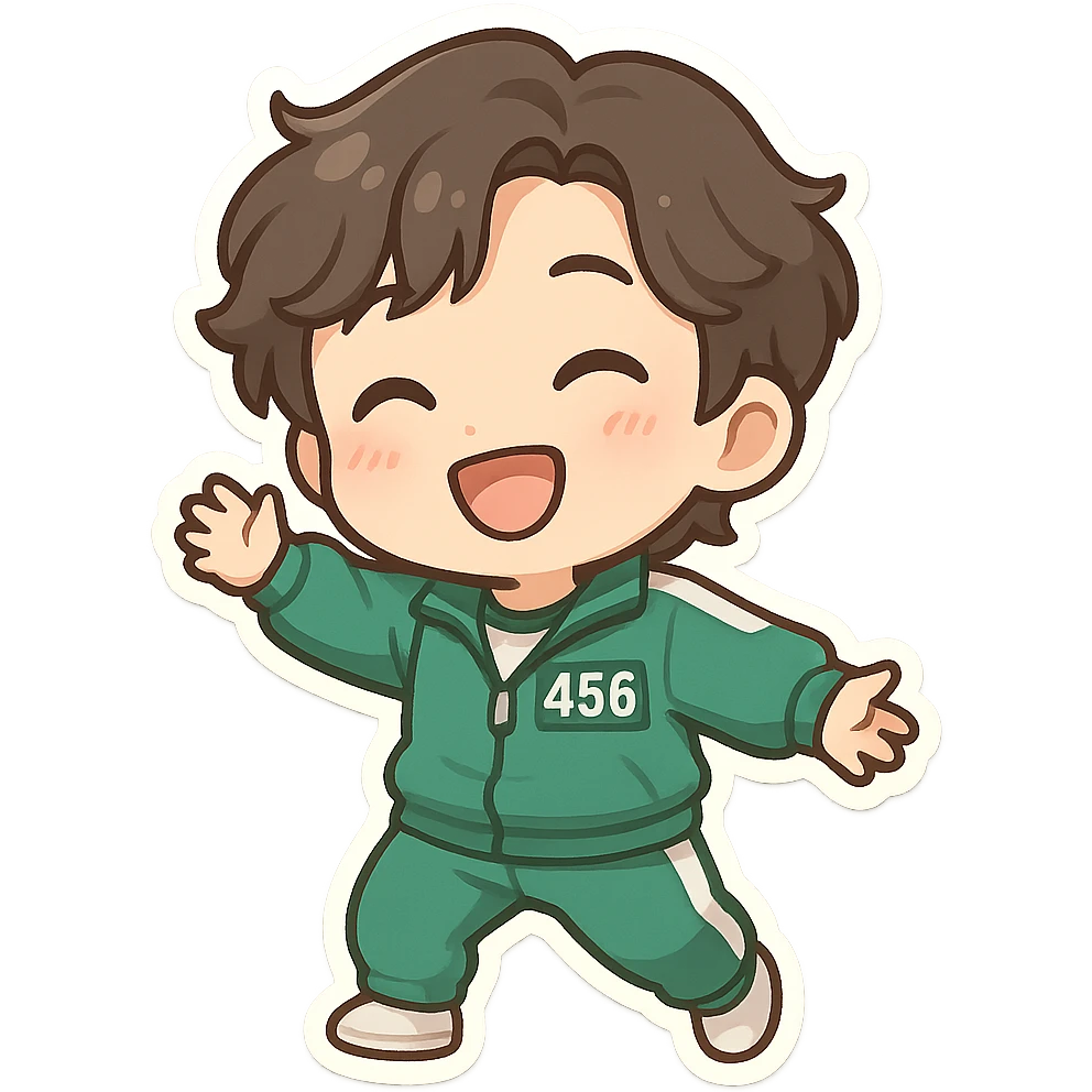 Player 456 from Squid Game, stylized as a chibi character, green tracksuit, number 456 visible, cheerful expression emoji