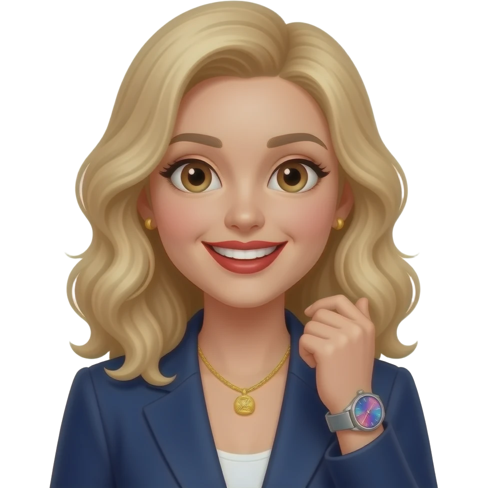 whiteskin + lightly-wavy-blonde-hair-+-big-light-brown-eyes-with-spark-+-happy-teeth-smile-+--gold-color-necklace and earring-+-armwatch-with-blue&pink-hologram-dial-and-silver-band-+-red-lipstick-+-dark blue-blazer (2) emoji