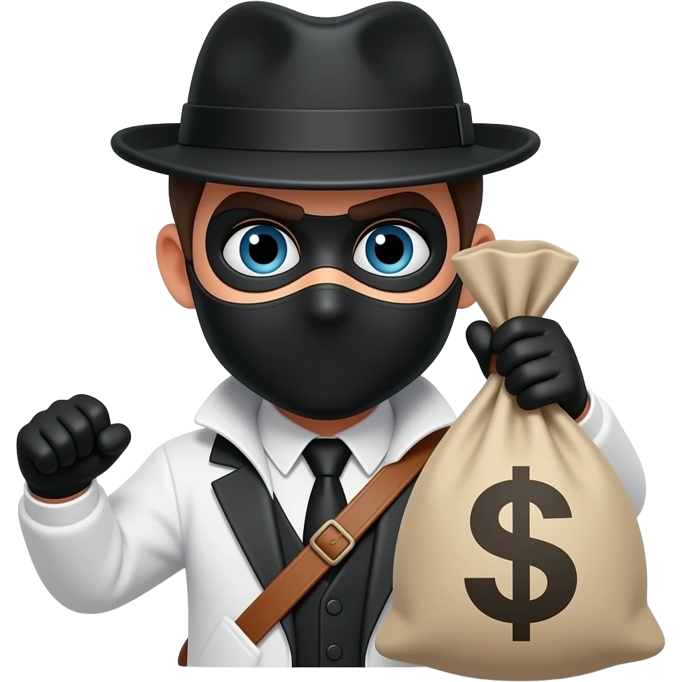 Emoji of a thief, typical 👱emoji with a black mask an black thief hat, an white and black thief outift and a bag with a dolar sign on it emoji