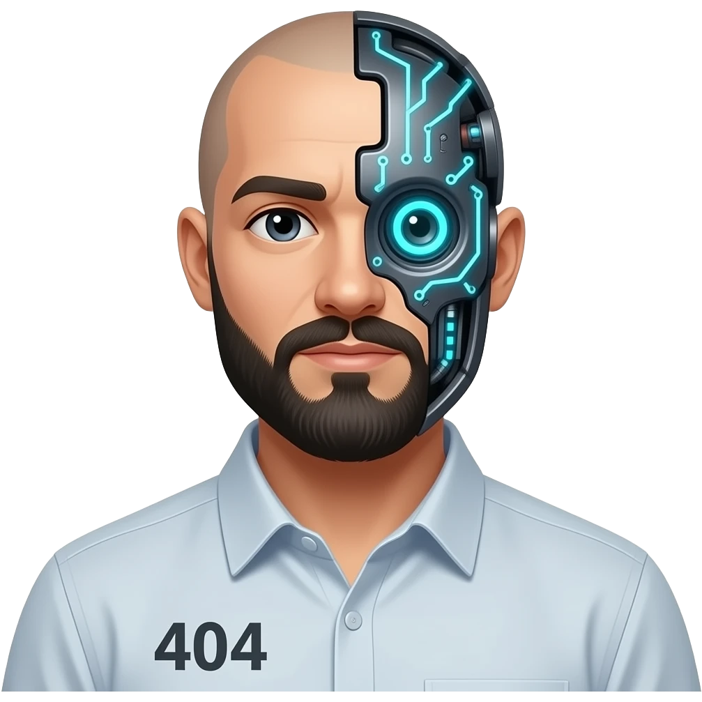 bald human black beard andshirt with 404 drawing, in face have a some robot AI pieces emoji