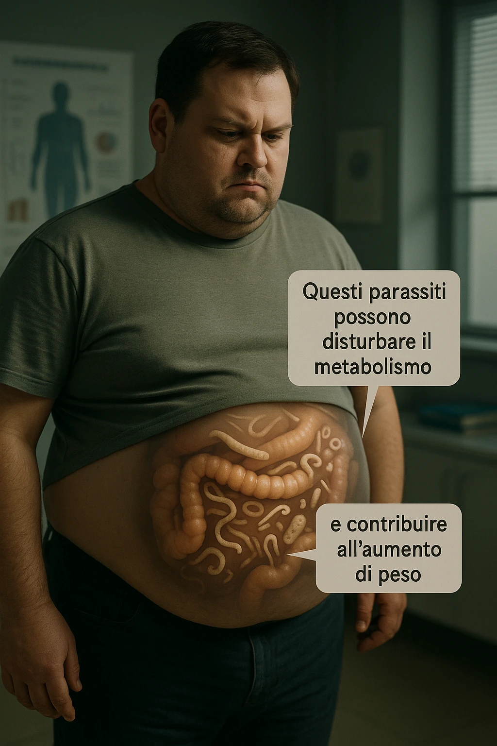 cinematic photo an overweight man is shown with a semi-transparent abdomen, highlighting the intestines filled with various types of parasites (such as worms or protozoa). Educational callouts explain how these parasites can disrupt metabolism and contribute to weight gain. The setting is a medical office, with charts and diagrams in the background. in italiano emoji