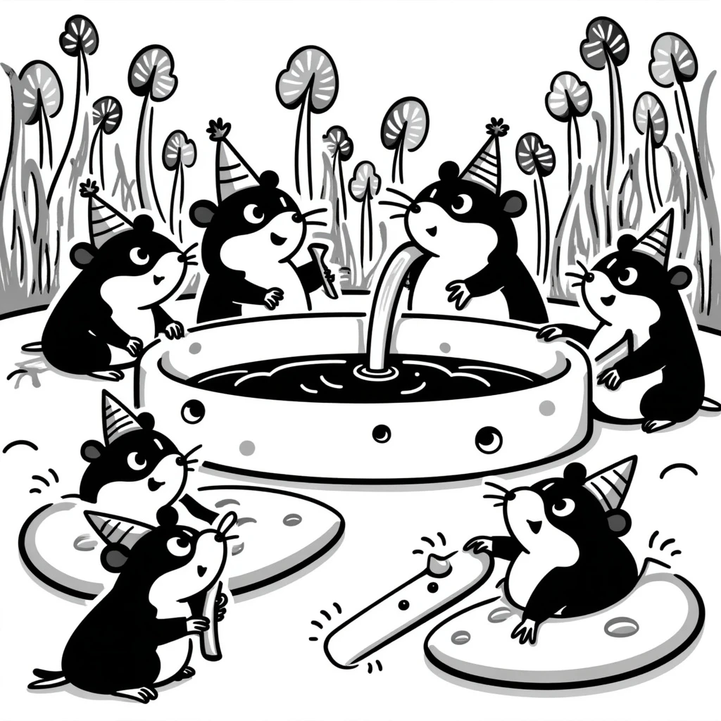 hamsters at a weed and cheese pool party, cult theme, Black Doodle style emoji