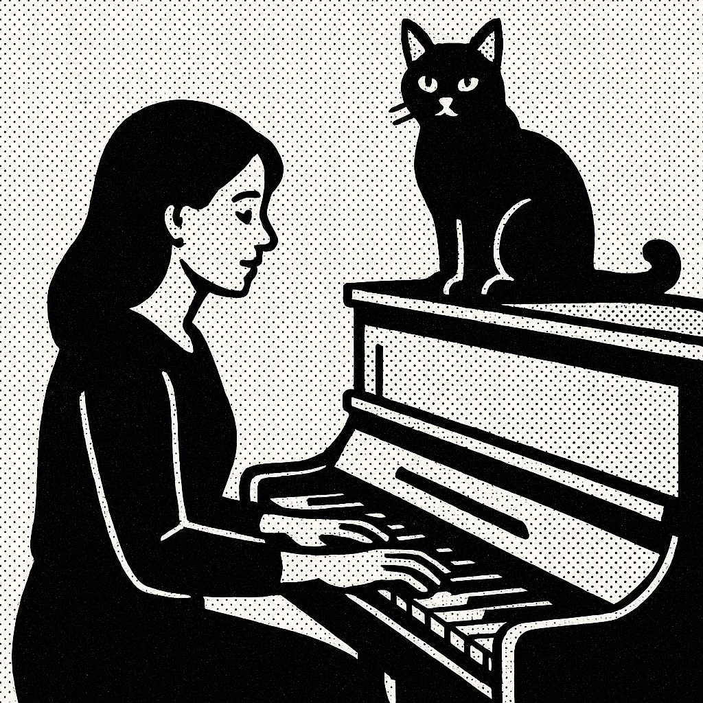 woman playing piano while her cat sits on top of the piano emoji