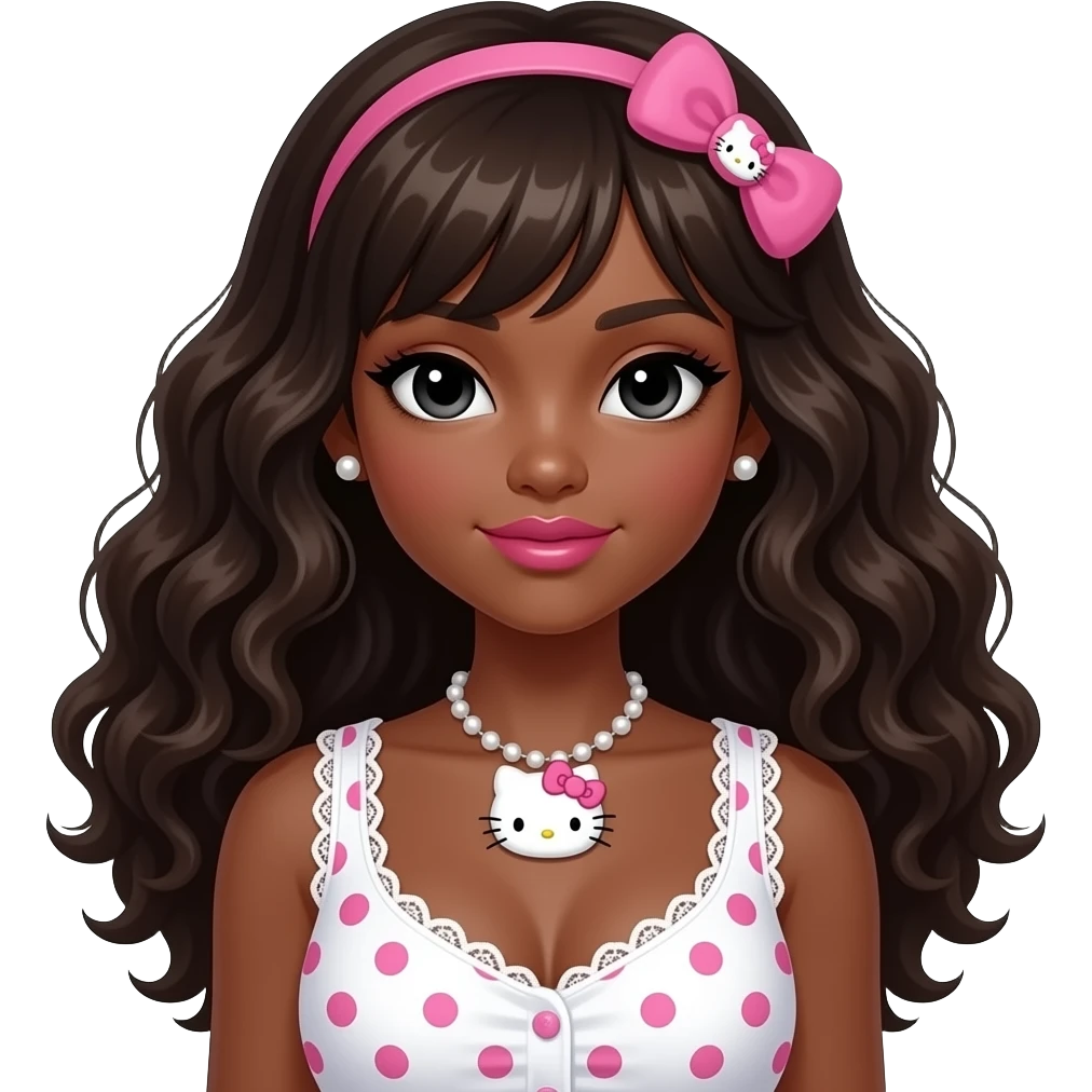 dark brown eyebrows, pearl earring studs, black girl, pink lips, my melody hairclip, dark brown skin, Doll faced shaped, hello kitty necklace, bimbo, black doll eyes, Big lips, long curly dark brown hair, with white or black lace pink polka dots with gyaru sleeveless shirt, with big breast emoji