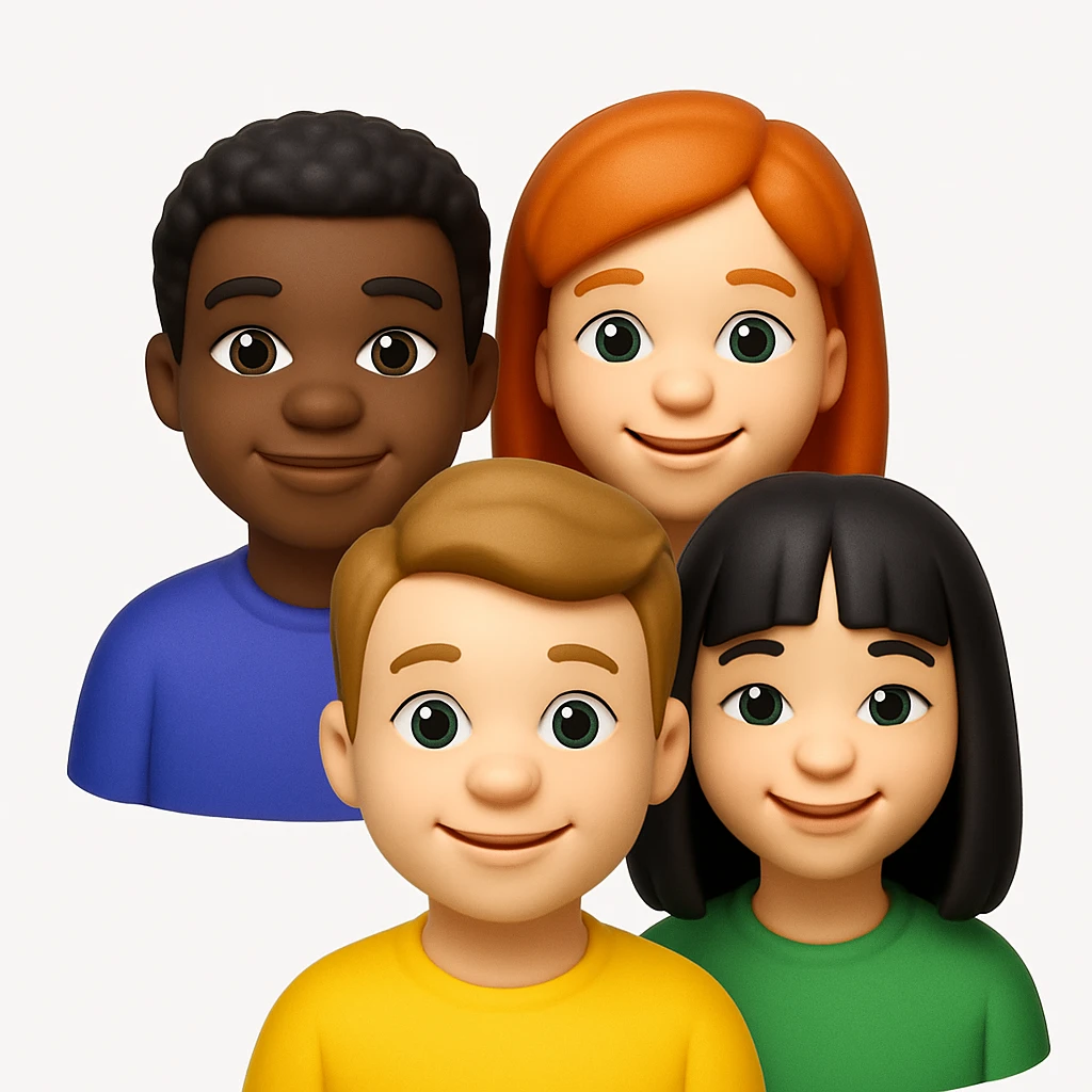 A 3D emoji in iOS emoji aesthetic style showing a small group of people standing together, smiling and facing forward, diverse appearances, friendly expressions, glossy Apple-style finish, clean white background

 emoji