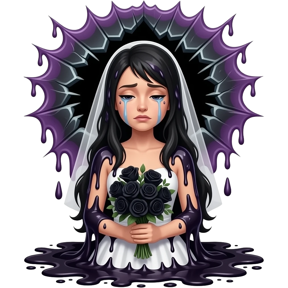 black and purple melting horror goo bride crying with a window melting behind her back holding withered black flowers bouquet emoji