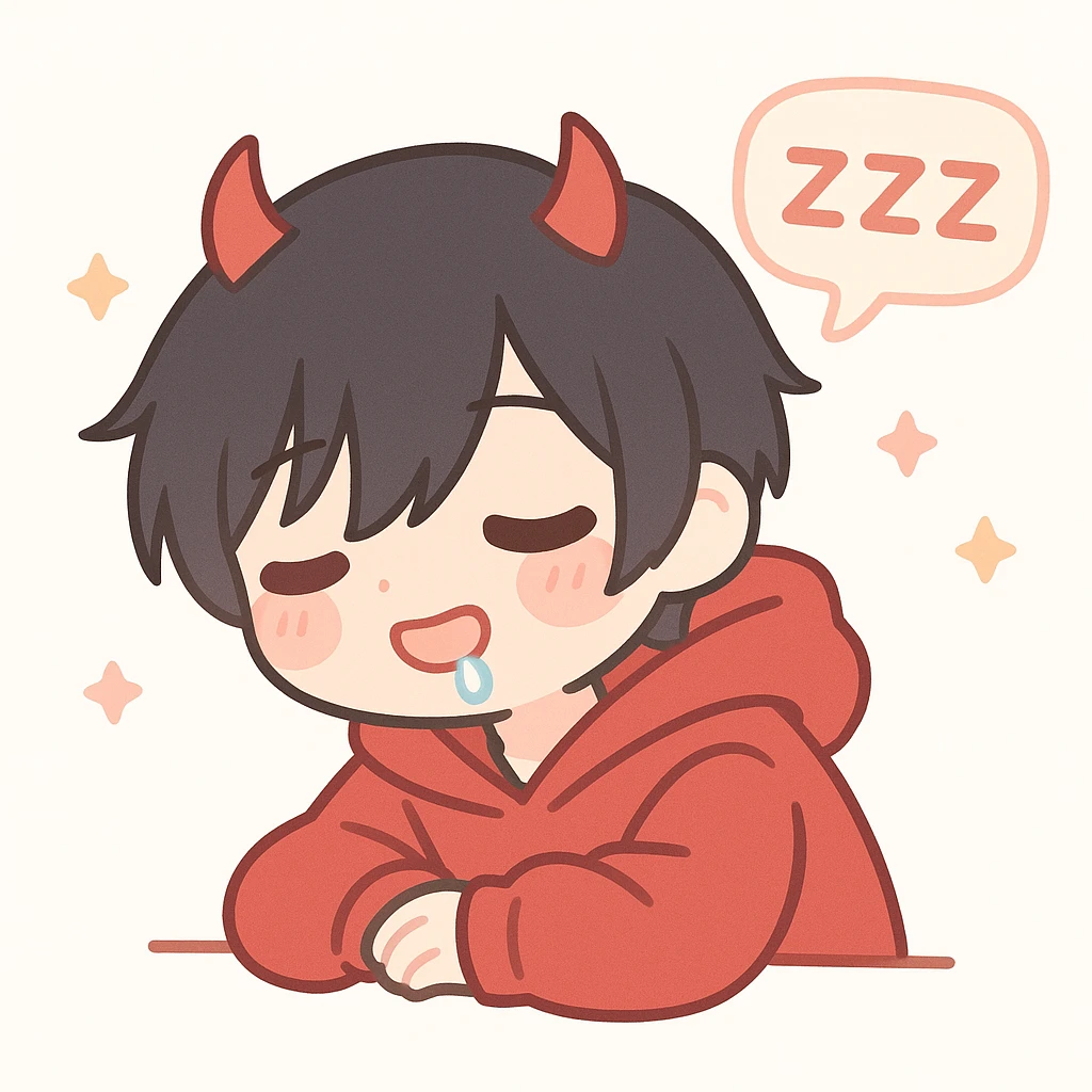 anime teenager with short emo black hair, red eyes, wearing a red hoodie and red devil horns, falling asleep leaning forward, drooling, with three ZZZ's horizontally in a speech bubble emoji