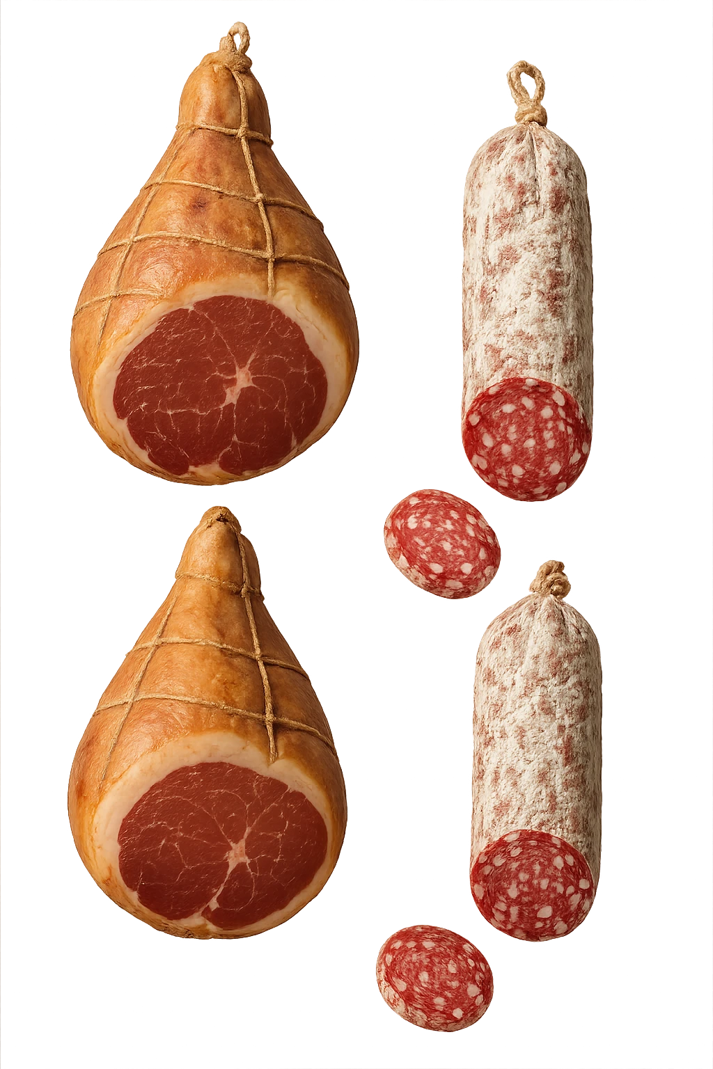 prosciutti e salami fluttuano in aria verticalmente, IPERREALISTICA 4K emoji