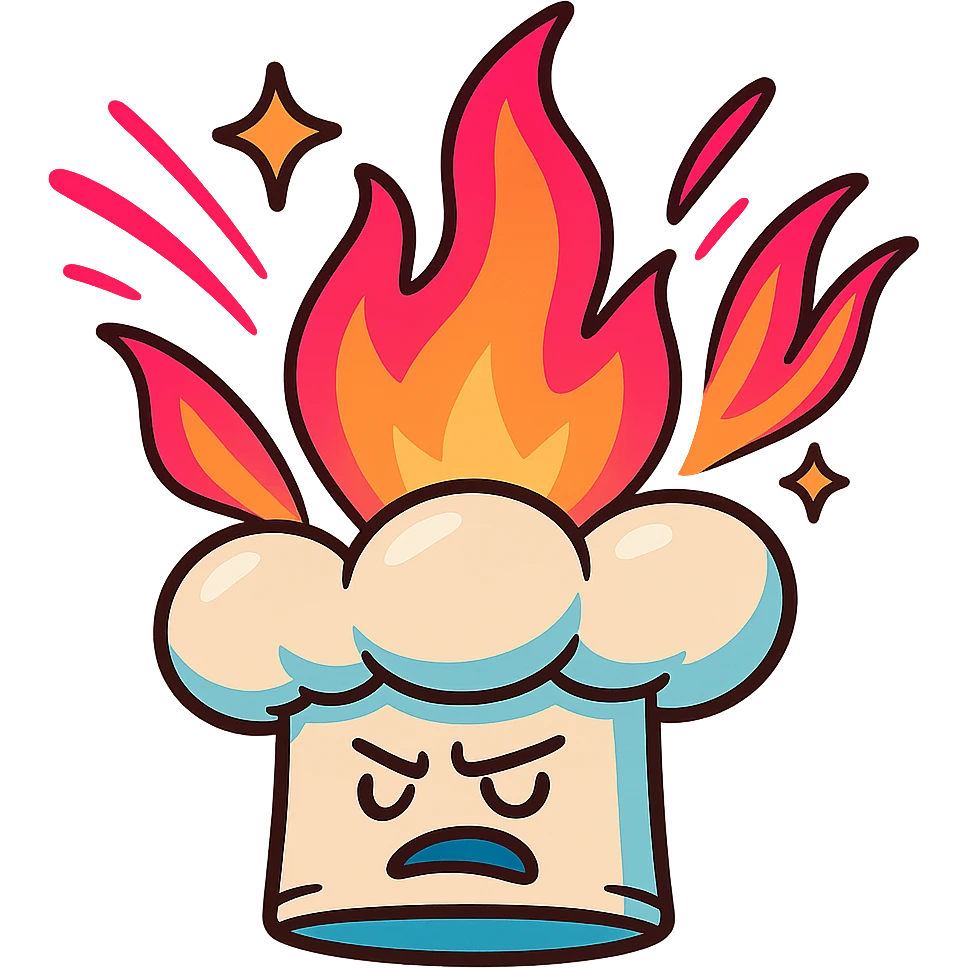 chef's hat explode with trails of fires, toon, playful, magic flame neon orange to neon pink gradient, vibrant, flame matching style reference file emoji