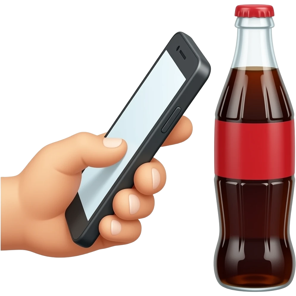 hand gripping a smartphone, phone camera pointed at a soda bottle , scanning action, no text emoji
