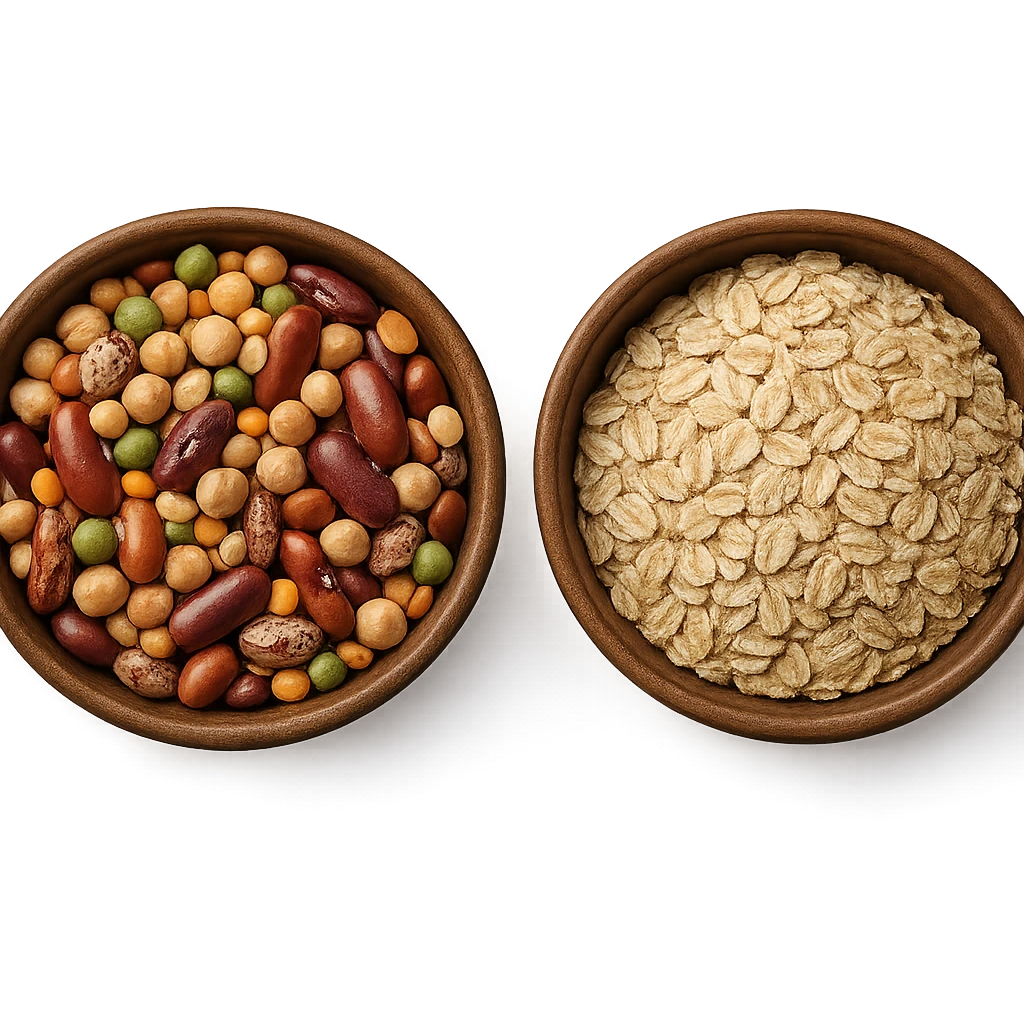 BOWL DI LEGUMI INSIEME A BOWL DI FIOCCHI DI AVENA POGGIATE,  iperrealistico 4k emoji