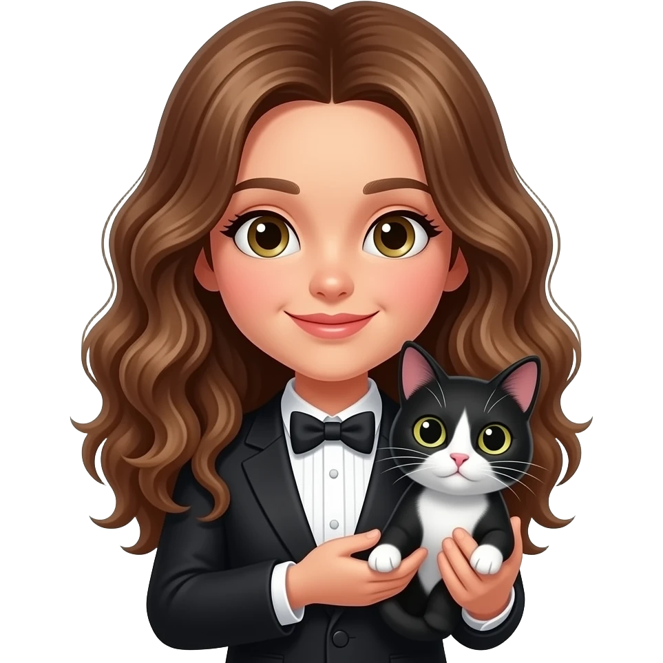 GIRL WAVY HAIR WITH A BLACK AND WHITE CAT emoji