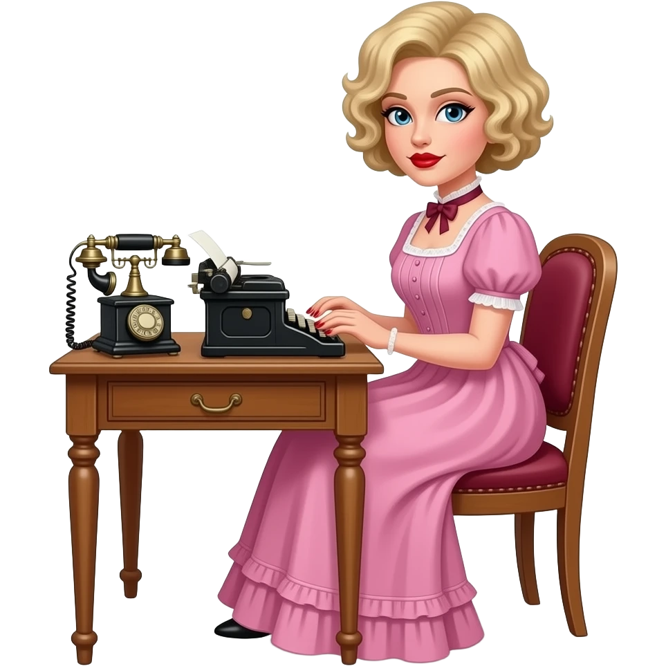 short blonde curly pixie bob hair in a 1800 pink outfit sitting down an antique desk with four wood legs, antique phone, and typing on an antique typewriter with red lipstick, red finger nails and in a Victorian setting emoji