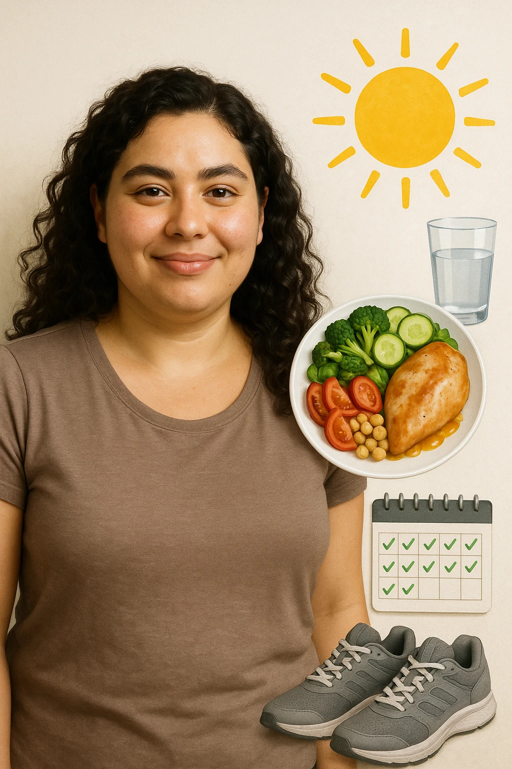 Realistic portrait of a woman with PCOS who is well, glowing skin, healthy hair, relaxed posture. Next to her, symbols of wellness: healthy plate, water, sports shoes, sun, calendar with symptom-free days. Bright atmosphere, realistic details, vertical 2:3, no text. emoji
