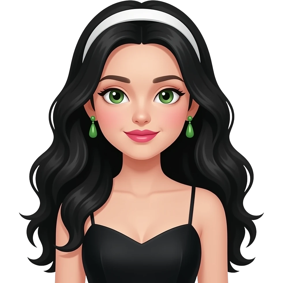 Emoji: A girl with black hair and green eyes wearing a black dress, a beautiful top, green earrings, pink lipstick, slightly pink cheeks, and a white headband on her hair. The emoji image shows a girl with long, flowing black hair, green eyes, a hint of pink blus emoji