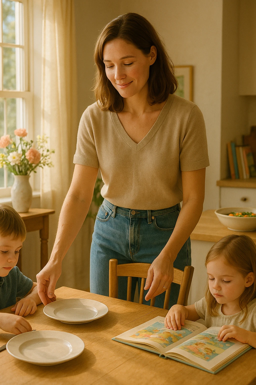 "Donna tra i 30 e i 40 anni, all’interno della sua casa luminosa, mentre prepara la tavola o accudisce i figli con un’espressione dolce e serena. Indossa abiti semplici e curati, simbolo di cura e presenza. Sullo sfondo si vedono dettagli di una casa armoniosa: fiori freschi, libri per bambini, un pranzo in preparazione. La scena trasmette calore, dedizione e stabilità familiare. Elementi visivi di supporto: luce solare che entra dalla finestra, atmosfera calda e rassicurante. Stile realistico con toni caldi e tenui emoji