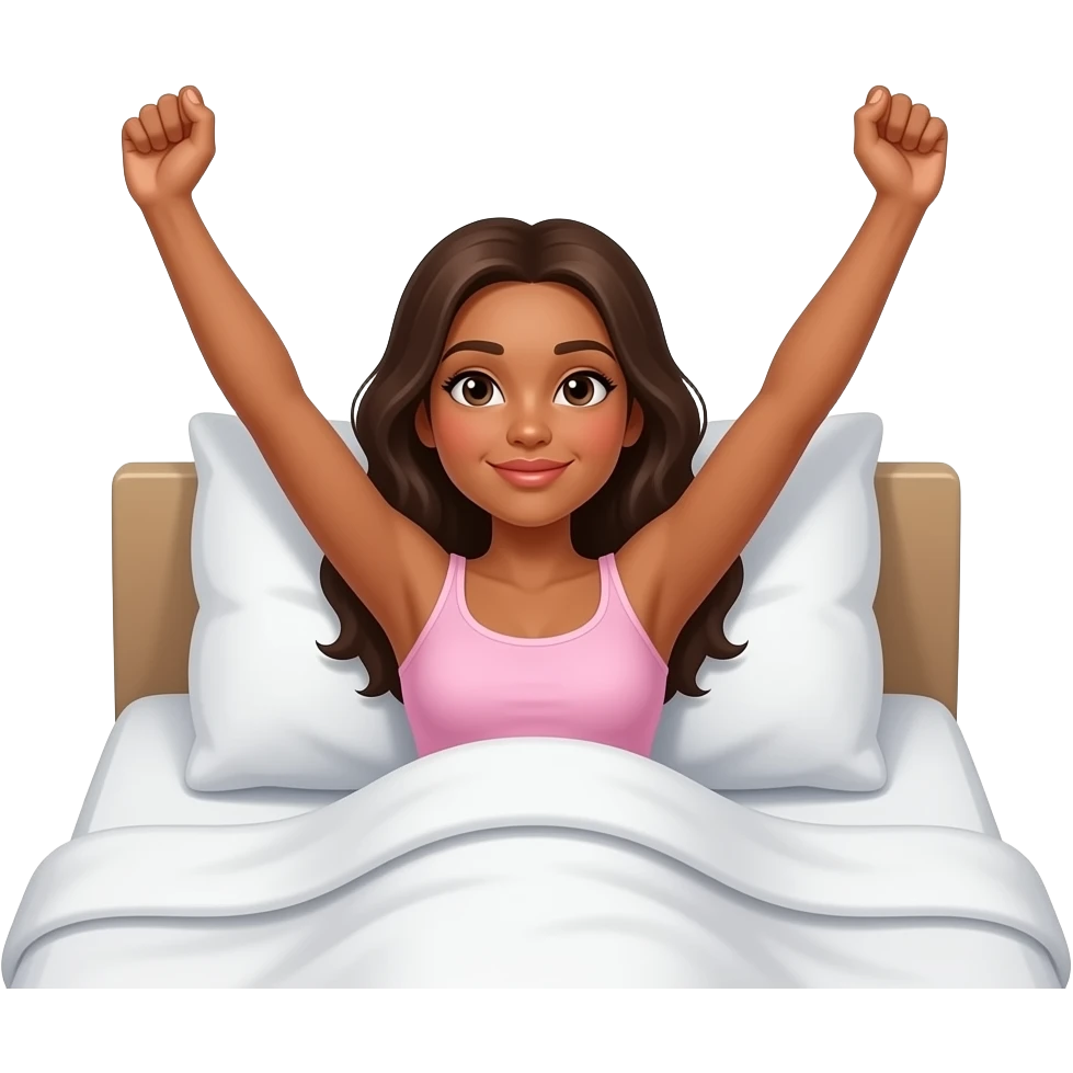 a naked tanned woman waking up in bed with arms fully stretched and the words "Good Morning" in blue printed overhead emoji