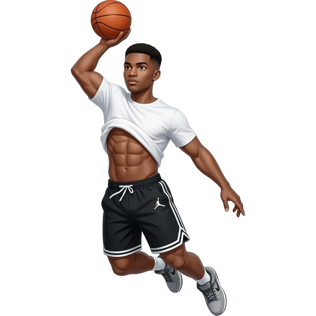 make a 20 year old man black skinned low taper fade in a white t shirt black jordan shorts and grey jordan 4’s and he is going up for a dunk and you can see so many abs on him while his shirt is getting lifted by the air and his muscles are so big emoji