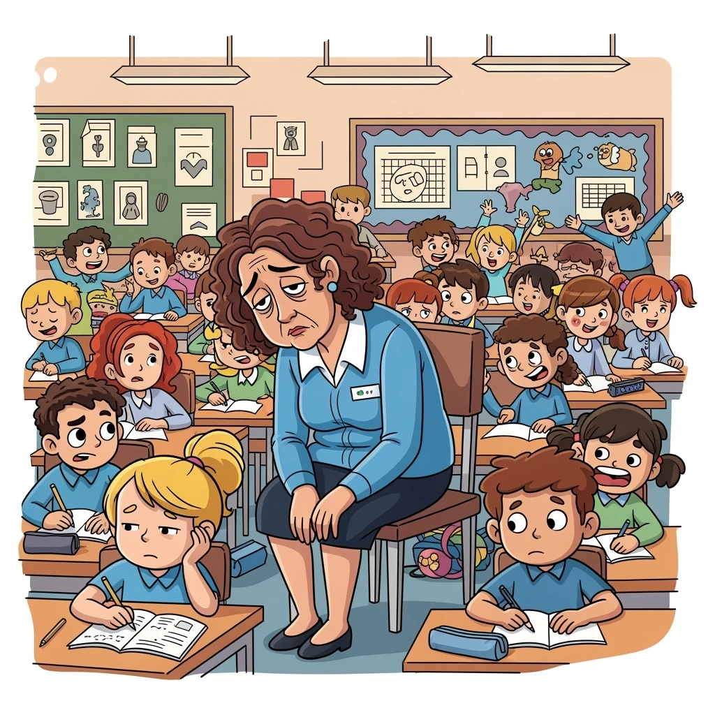 vector cartoon art of a exhausted teacher in a bustling classroom emoji