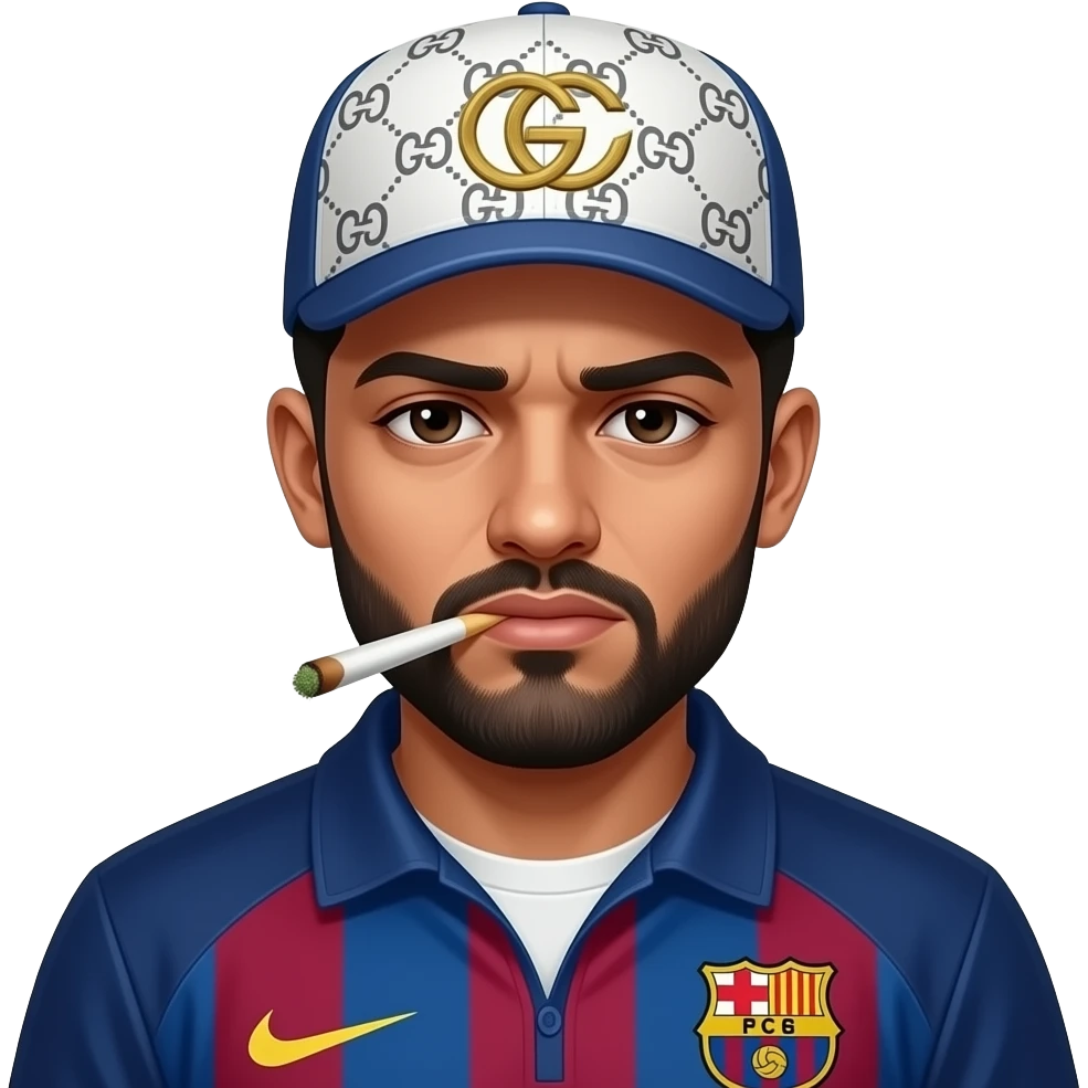 Arabe, avec joint de shit bien entamé dans la bouche, et les yeux noir très très  fatigués, veste Barca, casquette Gucci à motif blanche. Rend le dangereux et menaçant emoji