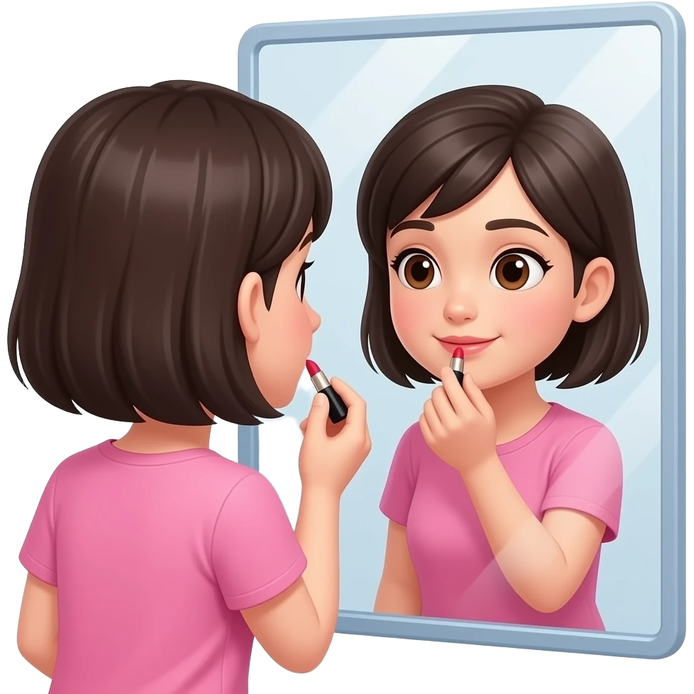 chica de cabello oscuro y corto, sin accesorios, ojos cafes y  ropa rosa, mirandose al espejo y aplicandose un labial emoji