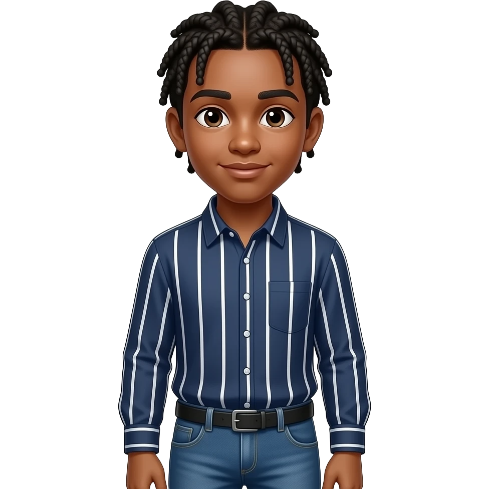 African American teenage boy wit cornrow braids wearing a navy blue button down shirt with white vertical stripes wearing denim jeans emoji