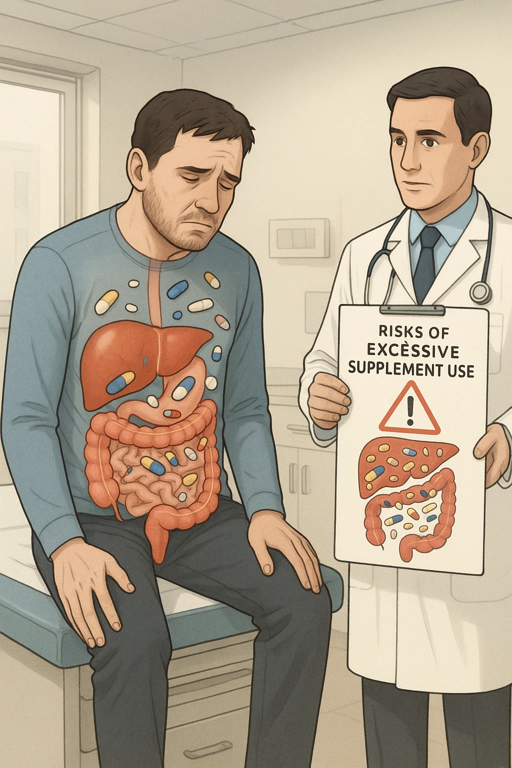 a man sits on a doctor’s examination table, looking fatigued and uncomfortable. A transparent anatomical overlay reveals his liver and intestines, both appearing inflamed and congested, with stylized supplement capsules and pills scattered throughout the digestive tract. The doctor stands nearby, holding a chart that highlights the risks of excessive supplement use. The mood is clinical and educational. emoji