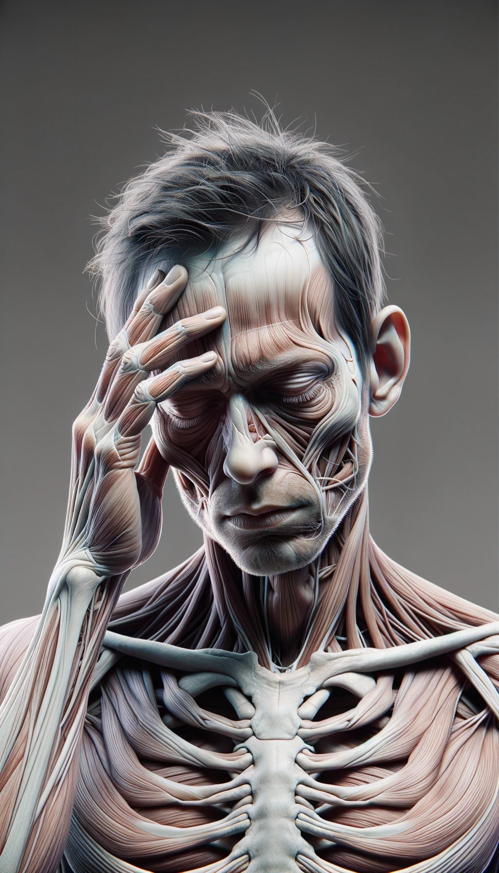 CORPO UMANO ANATOMICO A FIGURA INTERA STANCO CON MANO SULLA FRONTE, IPERREALISTICO 4K emoji