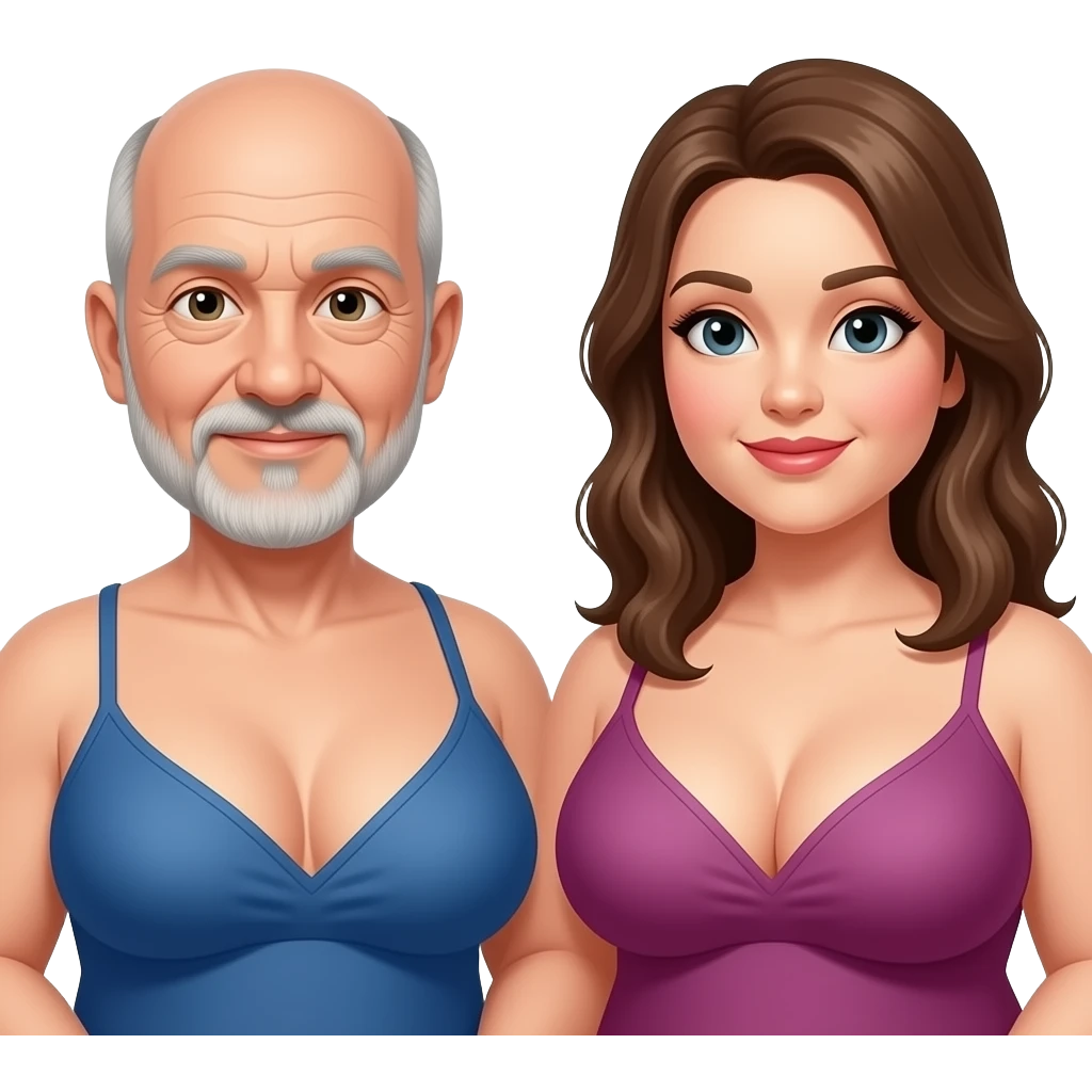 Handsome, bald,  man with goatee, age 57 with 2 very full figured women  with larger breasts emoji