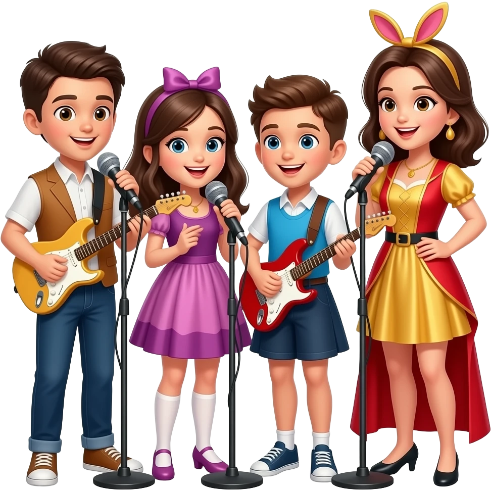 Tinbiriche  3. niños.   Y 2. Niñas   porles.   Los. Trajes   porles. Sus. Intrunmetos. Y los. Microfonos. Y. Cantan. Mentira. Haora. Esta. Kapi. Una.     Mujer emoji