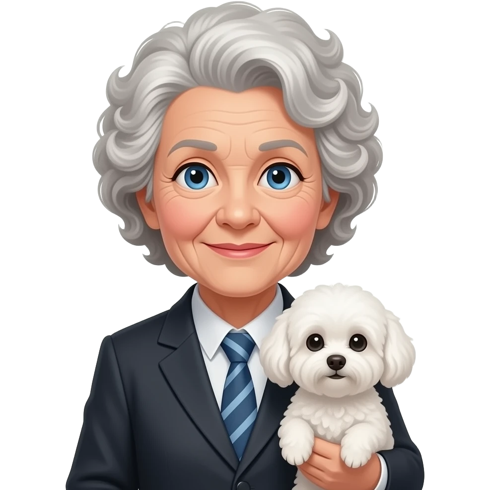 Elderly woman blue eyes very curly hair with maltese dog emoji