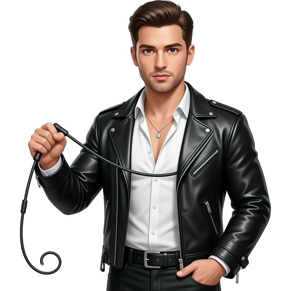 Sexy male dominator dressed in leather and holding a leather whip emoji