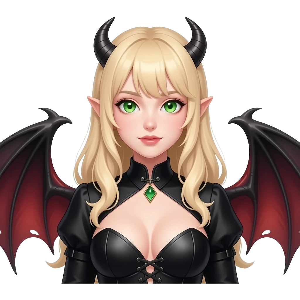 Make an emoji of a pretty, busty, green eyes, blond hair (no bangs) white girl with an angel halo, but devilish and dark everywhere else with dragon wings emoji