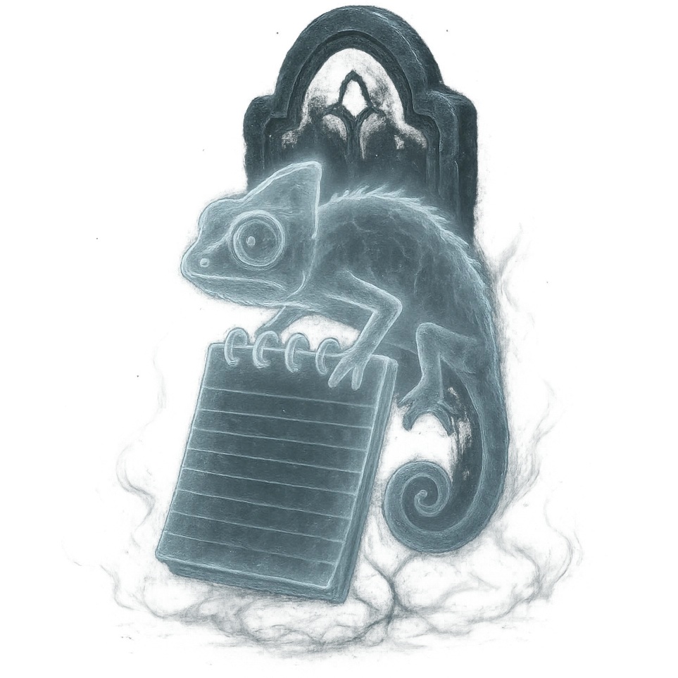 Notepad++ logo reimagined as a Spirit Ash from Elden Ring, featuring the Notepad++ notepad and chameleon as a ghostly, spectral summon with a glowing white outline and ethereal mist, set in front of a mystical gravestone background, matching the style of Elden Ring Spirit Ashes, transparent background emoji