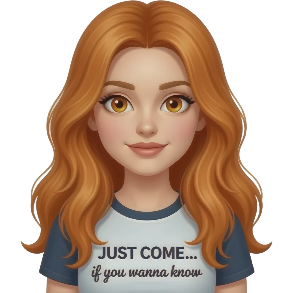 sexy girl with overlong ginger hair and ginger eyes a top with JUST COME... if you wanna know written on it emoji