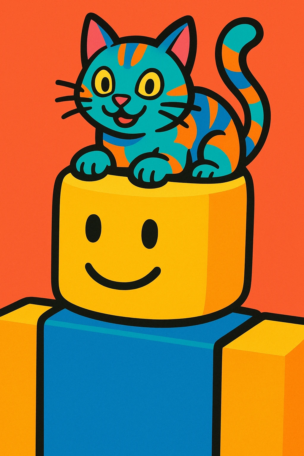 a vibrant colored illustration of a cat peeking out from the top of a Roblox noob's head emoji