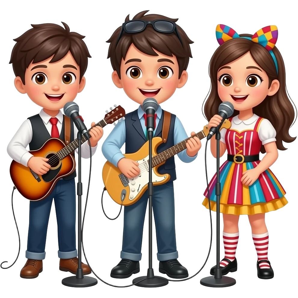 Tinbiriche  3. niños.   Y 2. Niñas   porles.   Los. Trajes   porles. Sus. Intrunmetos. Y los. Microfonos. Y. Cantan. Mentira emoji