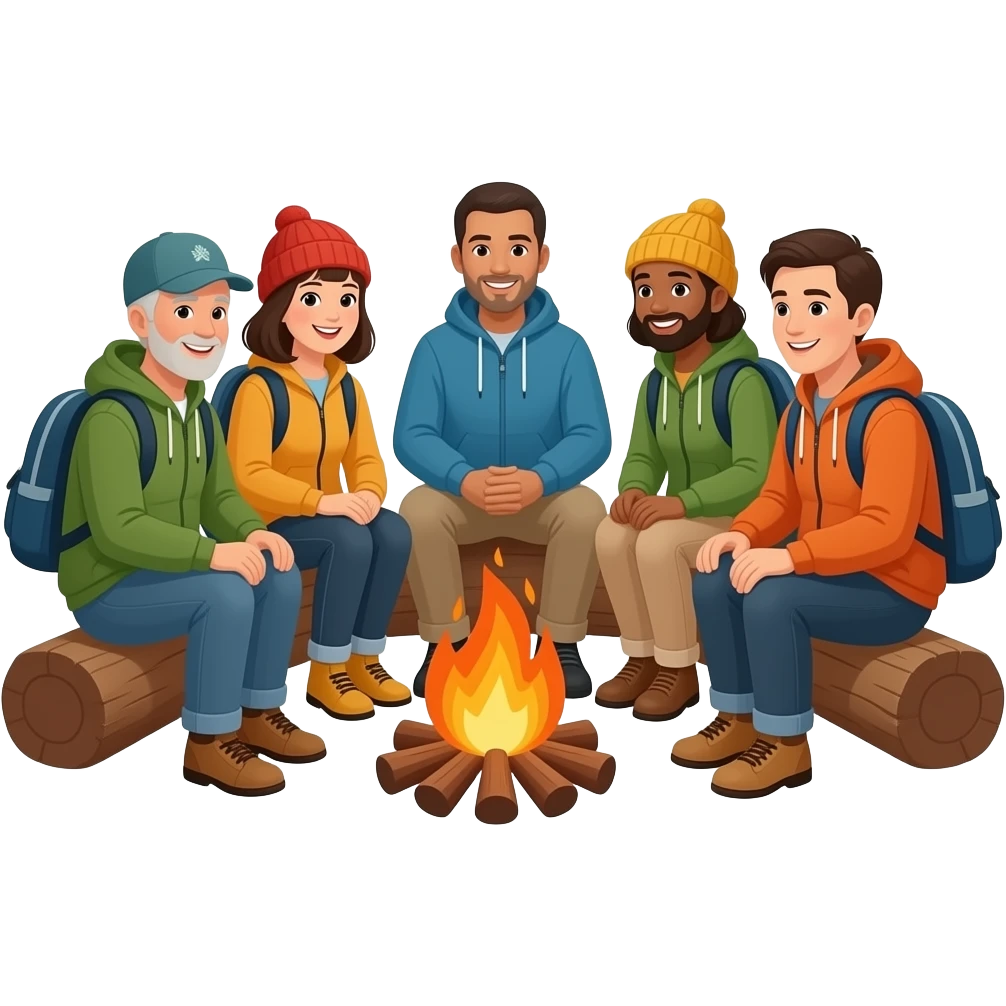age and race diverse adults sitting around a campfire having a good time wearing camping clothing no visible backpacks emoji