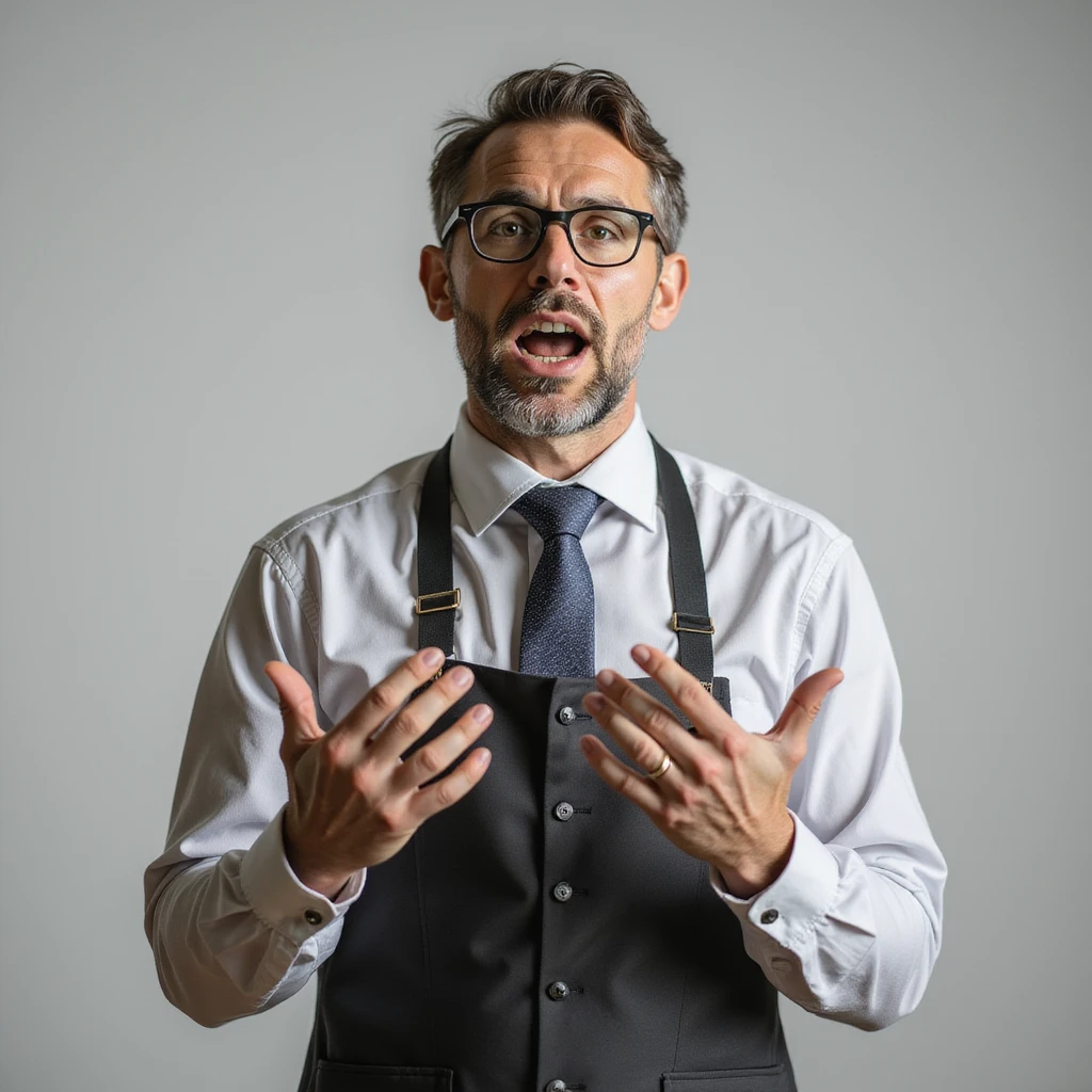 hyperrealistic 4K image of a nutritionist animatedly discussing, gesturing with hands, intense expression, isolated white background emoji