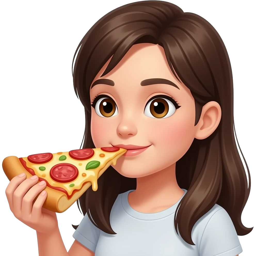 девушка учуяла вкусный запах от кусочка пиццы, который держит в руке emoji