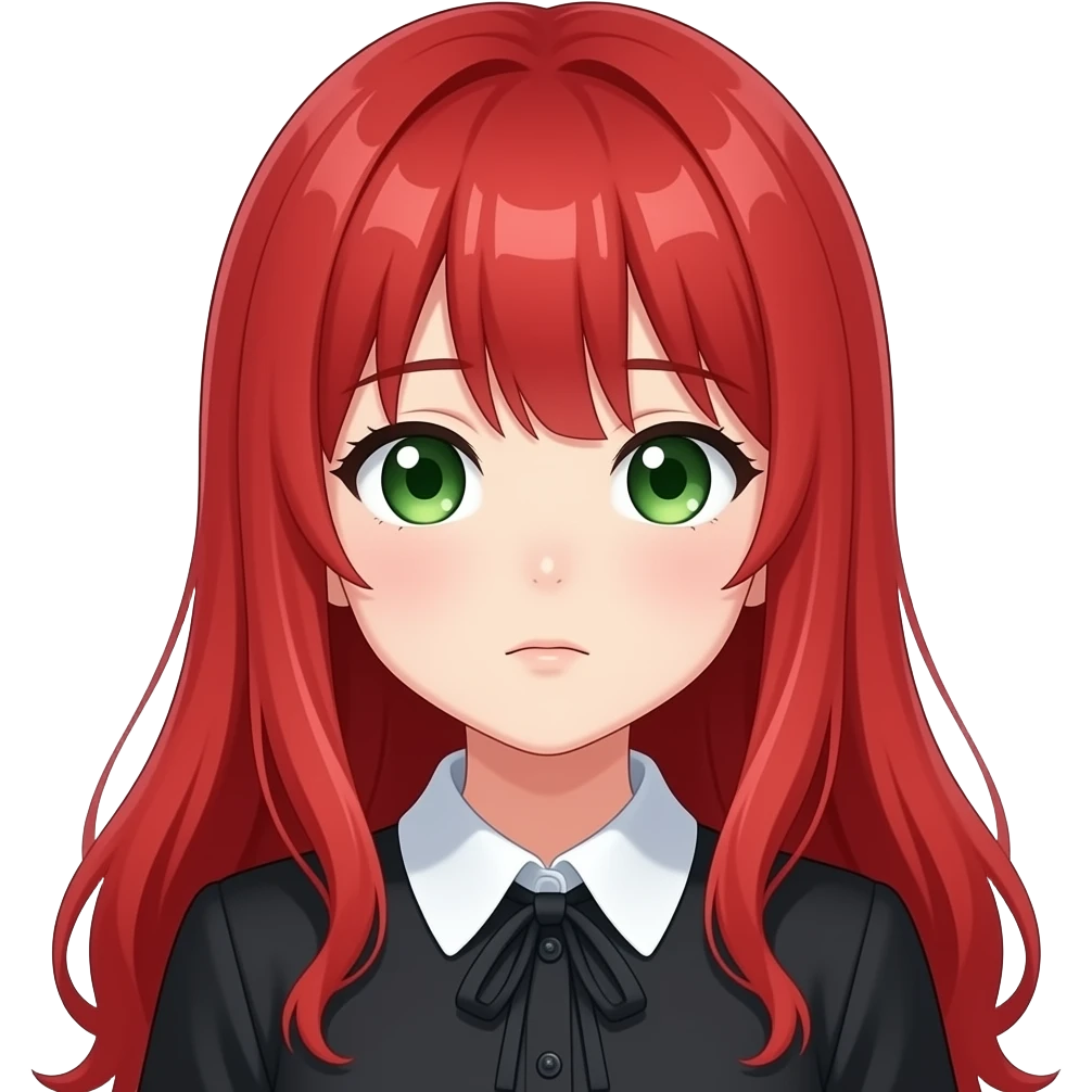 anime girl bashful red hair green eyes black blouse with white collar emoji