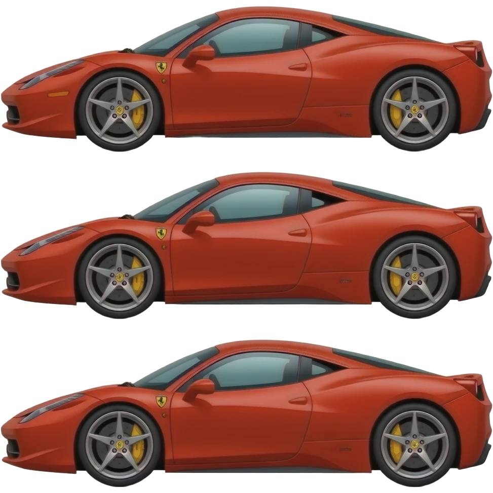 ferrari f458, perfect proportions of wheels and tires, front end and rear end and middle of car compressed like a cartoon drawing, exaggerated emoji