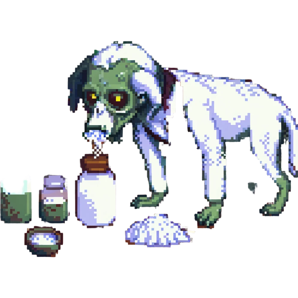 A zombie Leo  sniffing white powder with a background lab in the style of a pixel art emoji